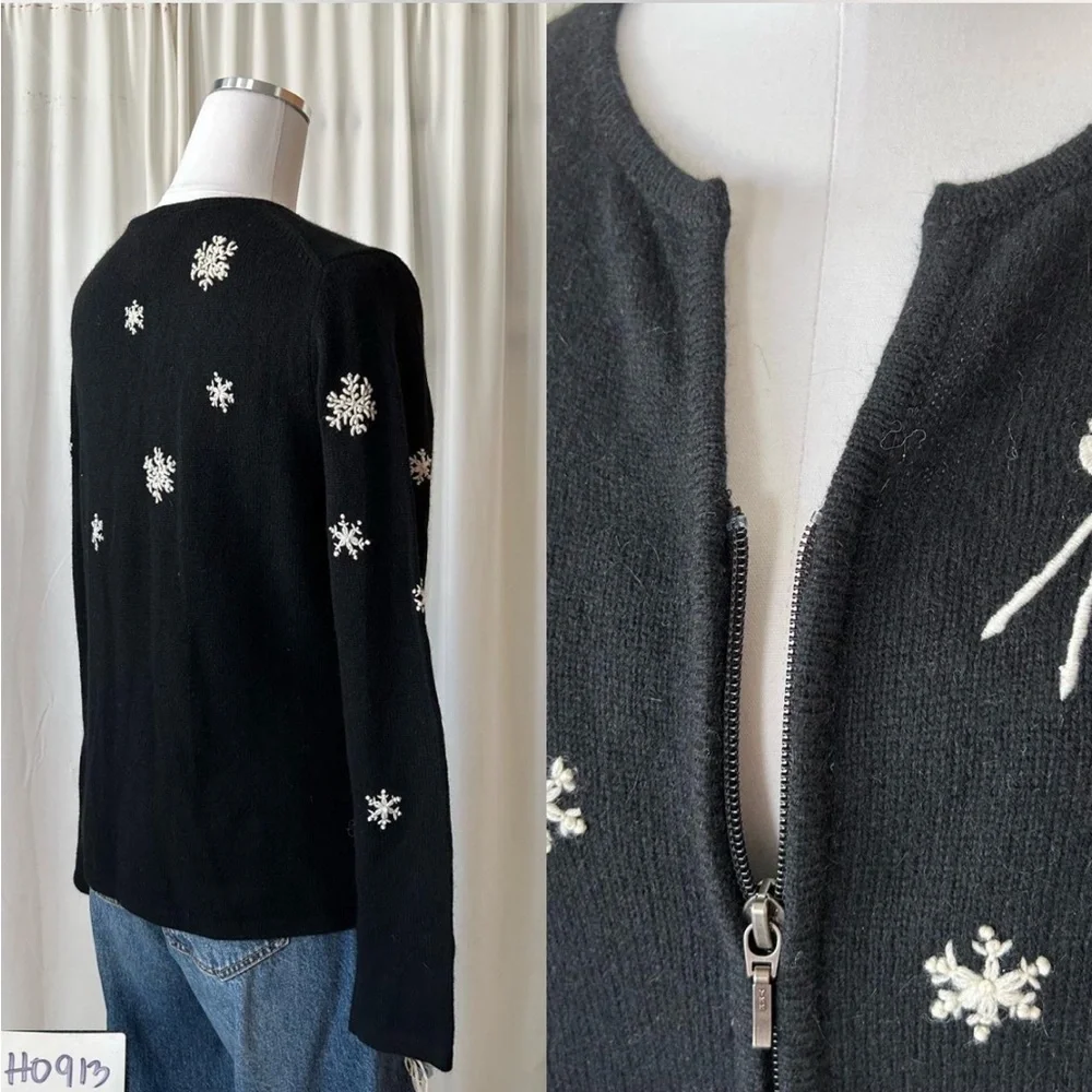 Vintage 1990s Talbots Black and white snow angel wool cardigan sweater size M - Picture 7 of 8